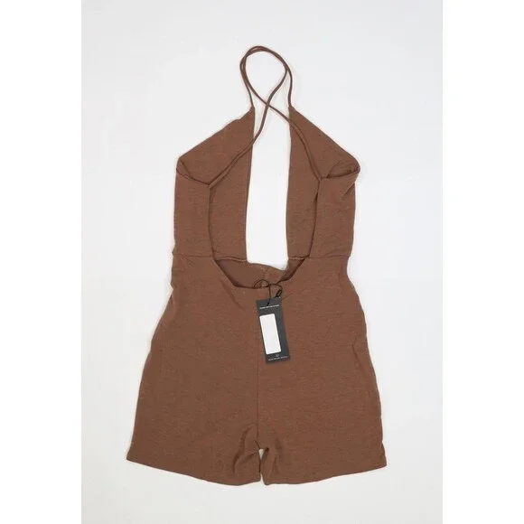 PRETTYLITTLETHING Romper Womens 8 Brown Halter Plunge Sleeveless Jersey Shorts - Picture 7 of 12